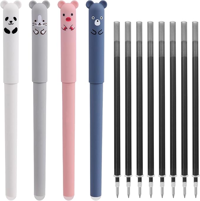 RIANCY 0.5mm Erasable Gel Pens,12 Pack Cute Cartoon Animal Rollerball Gel Ink Pens Refillable Pens for Adult Writing Calligraphy Note Taking (Refill Black)