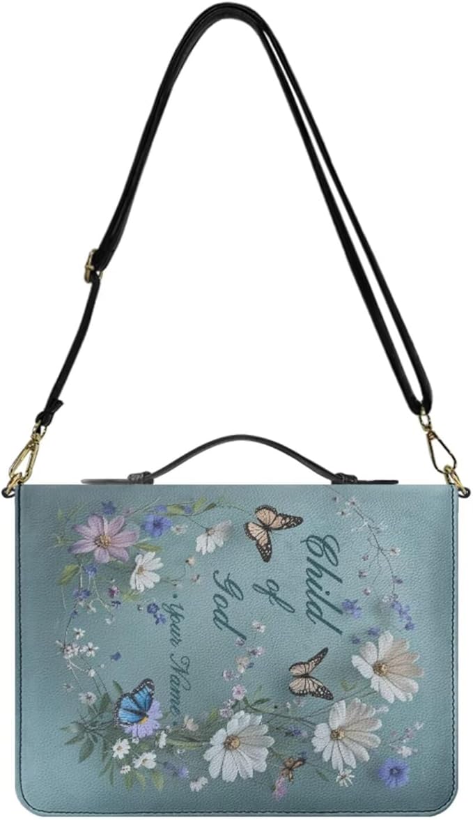 Custom Bible Cases for Women, Personalized Bible Cover Case with Name, Butterflies and Daisies Print Biblia Carrier with Strap Handle Inner Pockets and Pen Loop, Church Bags for Women