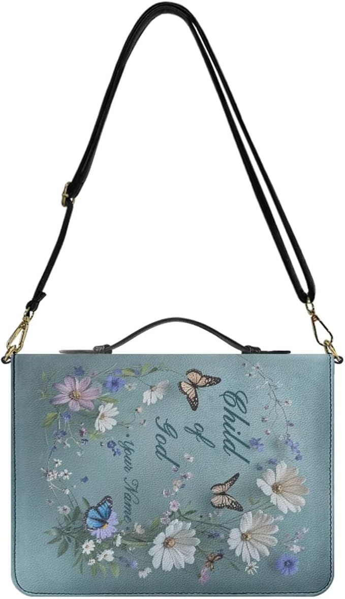Custom Bible Book Covers for Women, Personalized Bible Case with Name, Butterflies and Daisies Print Book Holder with Strap Handle Inner Pockets and Pen Loop, Biblia Accessories for Women