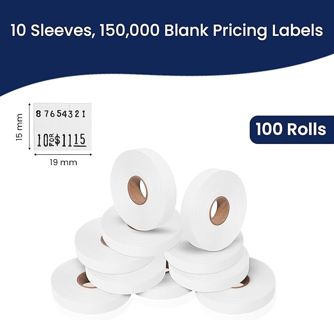 Perco White Pricing Labels for Monarch 1115 Price Gun - 10 Sleeves, 150,000 Pricemarking Labels - with Bonus Ink Rolls