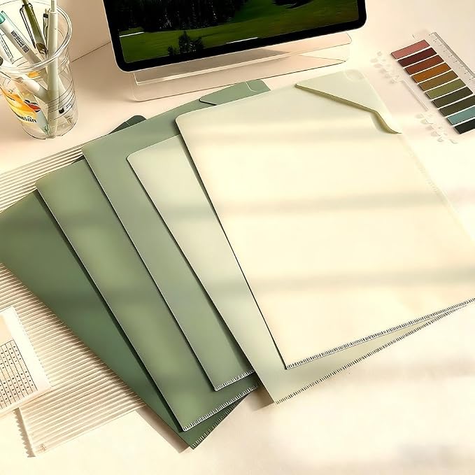 Green 5-Pack L-Shaped File Folder for Documents, Waterproof A4 Document Holders with Anti-Fall Flap, Plastic File Organizer,A4 Envelopes Filing Folder