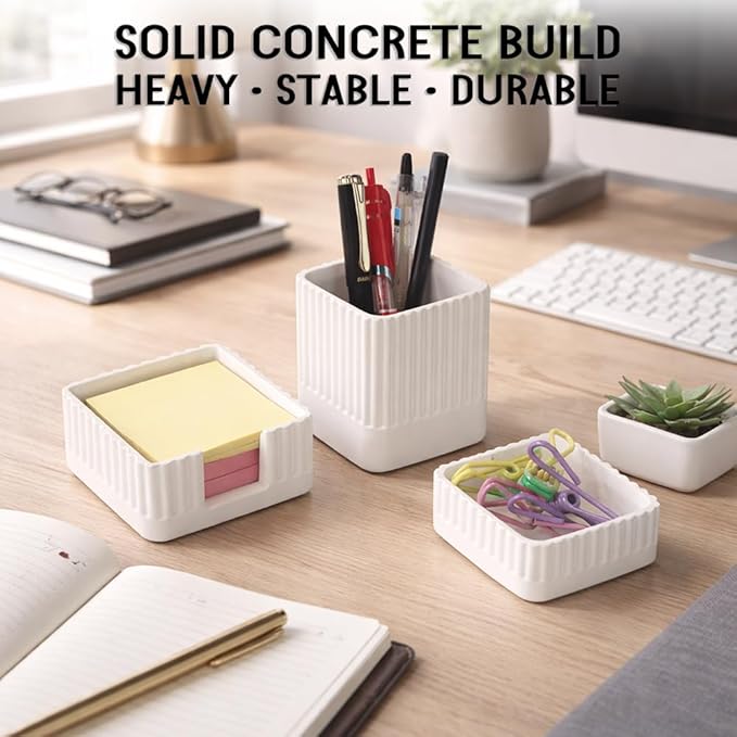 Desk Organizer Set of 3 for Office Accessories - Includes Pen Holder, Paperclip Storage, and Sticky Note Holder - Aesthetic Concrete Desktop Accessories for Women or Men, Office Decor (White)