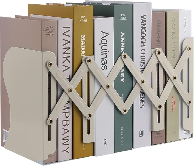 MSDADA Adjustable Bookends, Book Ends for Heavy Books, Expandable Book Organizer for Desk, Shelf, Office, School, for 6 7 8 9 10 11-15 Boys and Girls, Extends up to 19 inches (Beige)