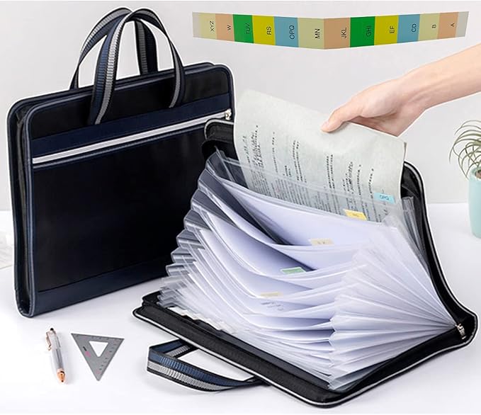 Canvas Accordion File Organizer, Waterproof Expanding Files Organizer with Color Labels,13 Pockets Accordian File Organizer with Handle(Prussian Blue)