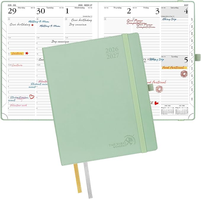 POPRUN Planner 2026-2027, Large-8.5" x 10.5", Academic Planner 2026-2027 Weekly and Monthly (July 26-June 27) Hourly Appointment Book with Inner Pockets, Leather Soft Cover, 100GSM - Celadon Green