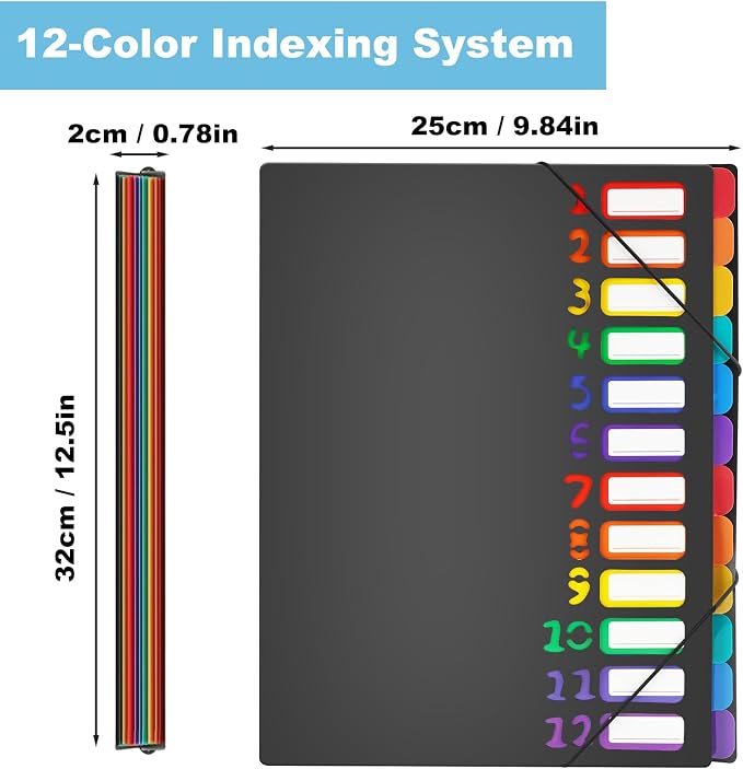 1 Pack Expanding File Folder with 12 Pockets: A4 Accordion Document Organizer with Elastic Closure & Rainbow Tabs, Portable PP Plastic File Holder for Office, School, Home (Black-1 Pack)