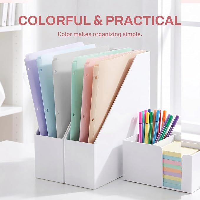 SUNEE 3 Hole Pocket Folders (12 Pack, Pastel Color) Plastic Pocket Folders for 3 Ring Binder, 3-Hole Punched Folders with Pockets, for Kids, Students, Teachers, Office Staff