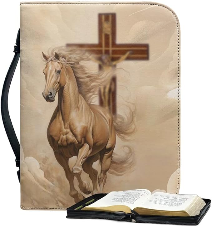 Bible Case with Handle and Zipper, Premium PU Leather Waterproof Bible Cover 11.2 x 8 x 2.2 Inches, Book Case for Standard Size Bibles with Pen Storage, Bible Accessories Gifts (Horse)