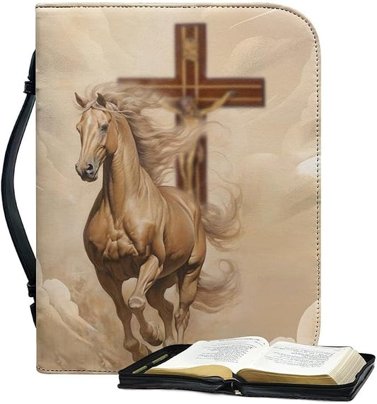 Bible Case with Handle and Zipper, Premium PU Leather Waterproof Bible Cover 11.2 x 8 x 2.2 Inches, Book Case for Standard Size Bibles with Pen Storage, Bible Accessories Gifts (Horse)