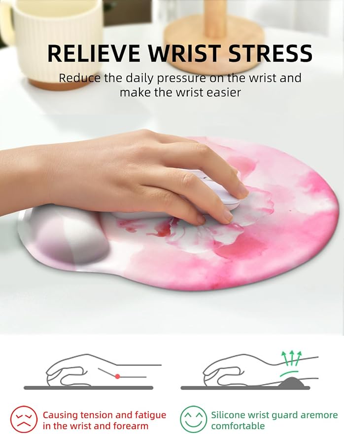 Lily Floral Mouse Pad Wrist Support Wrist Rest, Flower Ergonomic Mouse Pad with Non-Slip Base for Office Gaming Working Computers,Desk Accessories Pain Relief Mouse Mat, Pink