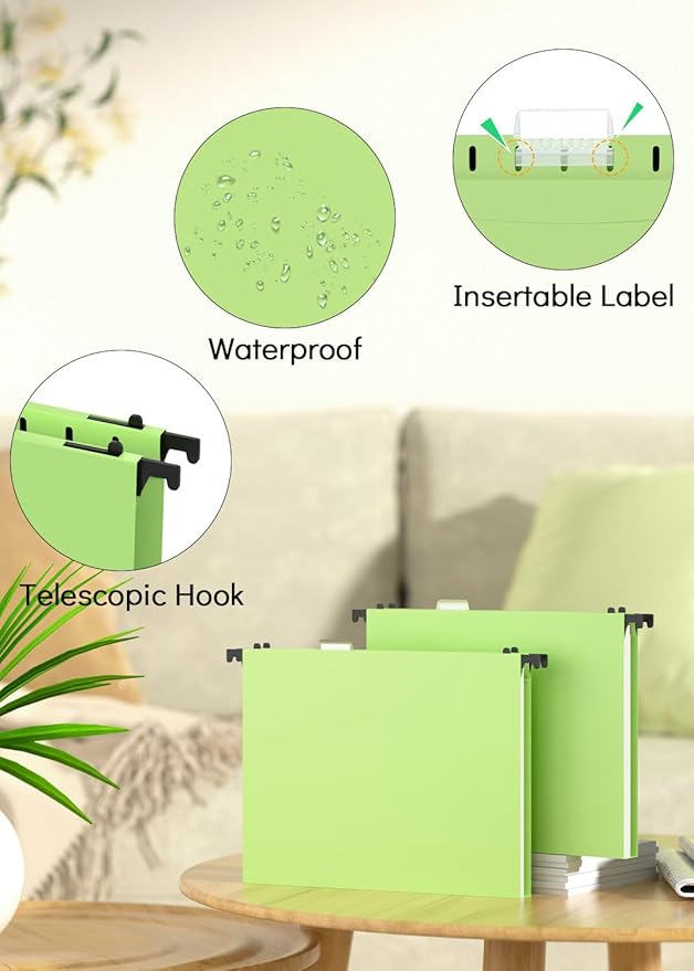 Extra Capacity Plastic Hanging File Folder, 12 Pack Reinforced Hang Folders Letter Size, Heavy Duty 1 Inch Expansion Filing Cabinet Folders, for Bulk Files, Medical Charts, Mustard Green