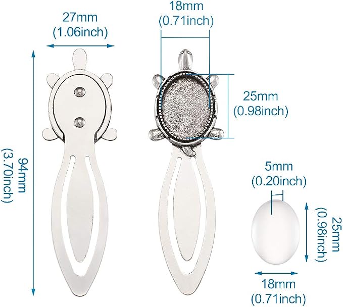 FASHEWELRY 20Pcs Antique Silver Bookmark Pendant Tray Kit Include 10Pcs 25x18mm Tortoise Oval Blank Bezel Base Setting Charms with 10Pcs Clear Glass Dome Tiles Cabochons