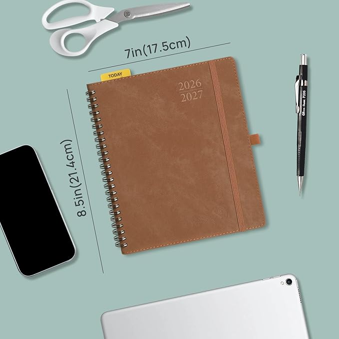 POPRUN 2026-2027 Weekly Planner, 7" x 8.5", July 2026 to June 2027, Academic Calendar with Vertical Layout, Wire Bound, Hourly Time Slots, Leather Softcover, Monthly Tabs - Indigo Blue