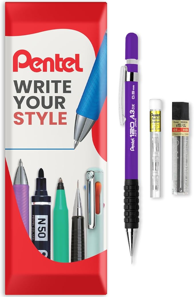 Pentel 120 Series Automatic Mechanical Pencil A315 + 12 HB Refill Leads + Tube of Eraser Refills - In Pillow Packaging - 0.5mm - Violet