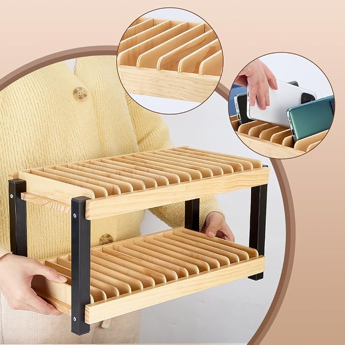 PH PandaHall 30-Grid Wooden Cell Phone Holder Phone Storage Organizer Rack Box Multiple Cell Phones Stand Desk Organizer for Office School Classroom Back to School Desk Accessory Decor