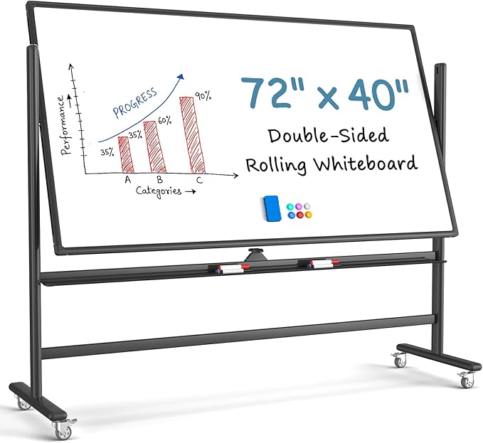 MaxGear Large Rolling Whiteboard, 72x40 Mobile White Board on Wheels, Double-Sided Magnetic Dry Erase Board with Stand, Adjustable Height Whiteboard for Home, School & Office, Black