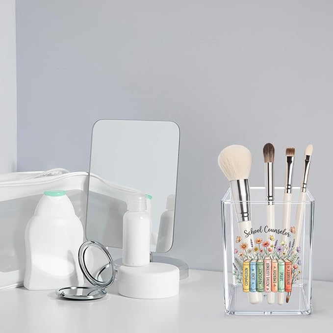 Cute Floral Book School Counselor Acrylic Cosmetic Pencil Pen Holder Cup School Counselor Gifts Decor for Home Office Desk Vanity Organizers and Accessories