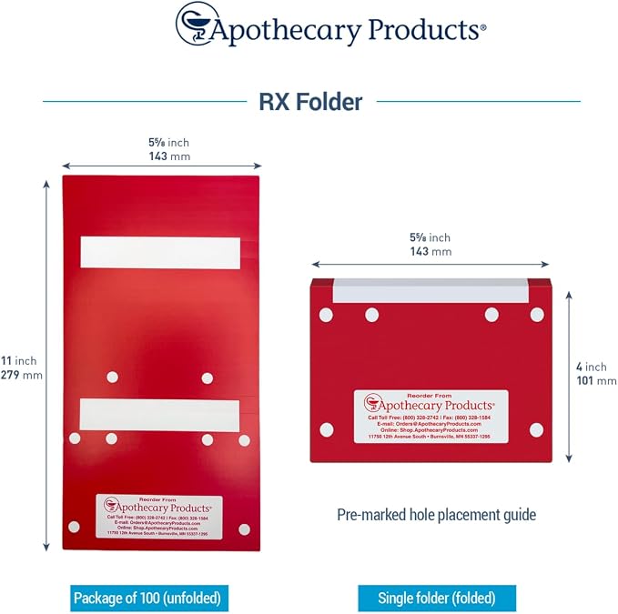 Apothecary Products RX Folder III Double-Fold, Prescription File Folders, Medical Pharmacy Patient Chart Organizer, Durable Healthcare Document Storage, Red, 100 Count