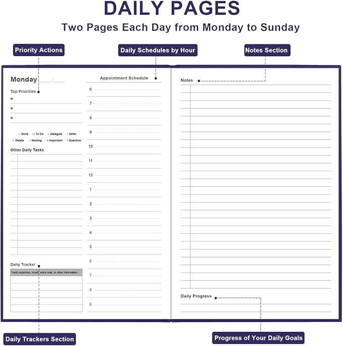 Daily & Monthly Planner for 2026 or Anytime - ADHD Planner Two Pages Per Day, Daily Planner Undated to Increase Focus, Eliminate Overwhelm, Achieve Your Biggest Goals, 5.8'' × 8.3'', Purple