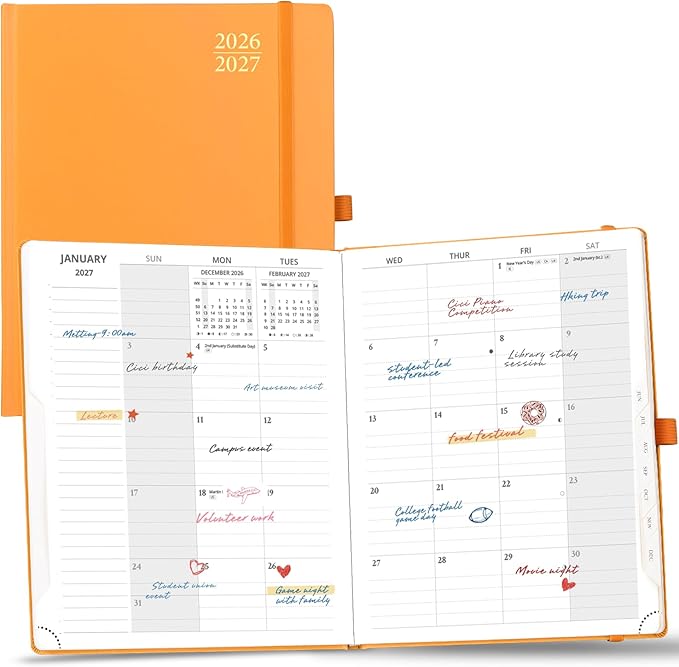 POPRUN Monthly Planner 2026-2027, Large Size-8.5" x 10.5", 18 Month Calendar Book (Jul 2026 - Dec 2027), Academic Calendar Planner with Tabs, Inner Pocket, Hard Cover, 100GSM Paper - Orange