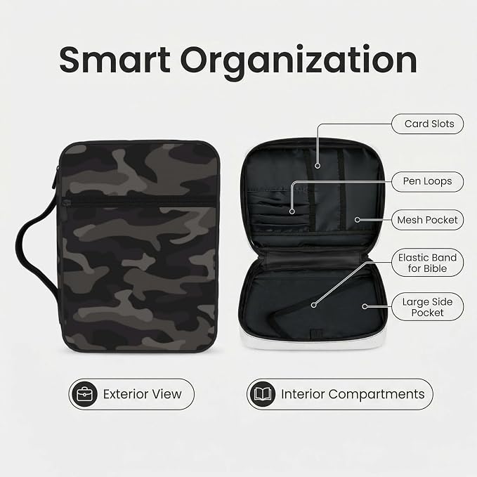Camo Black and Grey Camouflage Bible Cover Case Carrying Book Protector Case Bible Study Supplies Accessories Holder Case Christian Gift for Women Men