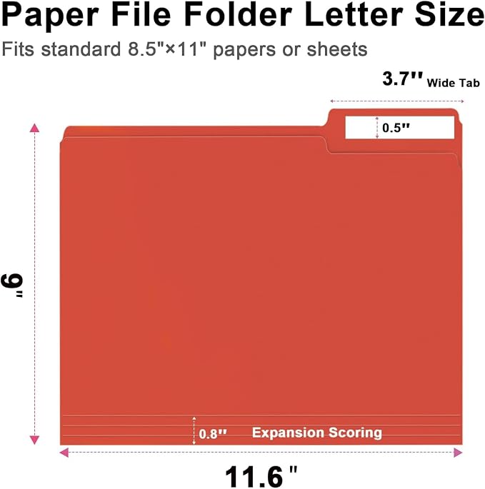 File Folder, RAZCC 150 Pack 1/3 Cut Tab File Folders Letter Size, Red, Folders, Folders with Tab, Great for Organizing and Easy File Storage