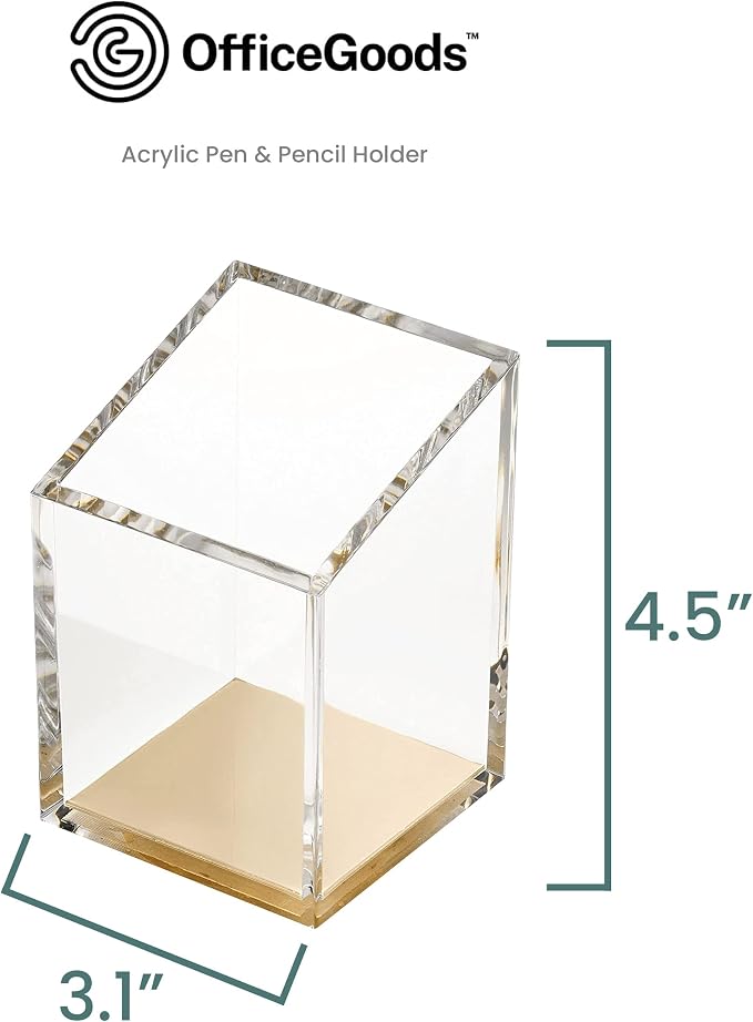 OfficeGoods Acrylic Pen & Pencil Holder - Modern Trapezoid Design - Beautiful Desk Organizer for Home or Office - Contrasting Metal Base - 3" Square w/ 3.5" Front & 4.5" Back - Gold