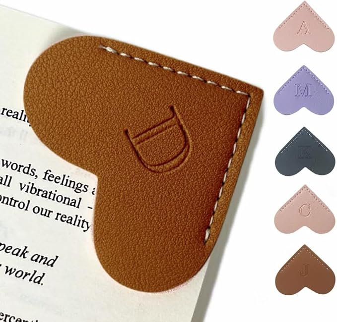 Personalized Leather Book Marks, Heart Bookmark, Unique Cute Handmade Letter Bookmarks Accessories for Reading Women, Teacher, Student, Book Lovers Book Mark Gifts (Brown, D)