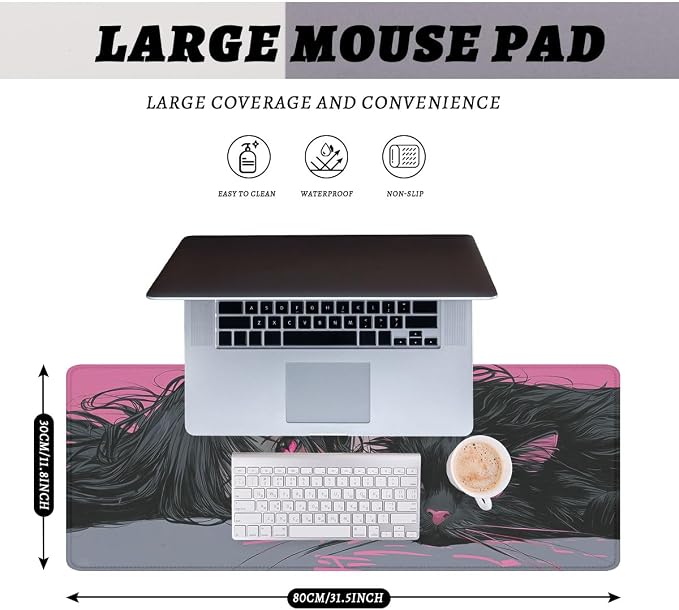Anime Girl Desk Mat Gaming Mouse Pad Dark Hair Girl Black Cat XL Mousepad Large Mousepad Extended Laptop Keyboard Mat Gaming Desk Pad Mouse Mat Office Computer Keyboard 31.5"x11.8"