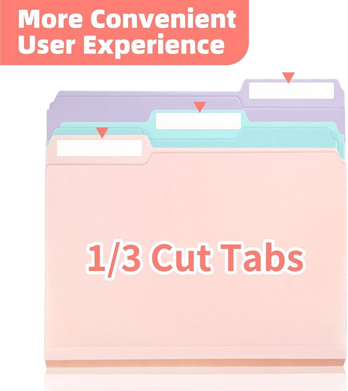 Color Folders 8.5 x 11 Inch, 1/3 Cut Tab File Folders Letter Size with Labels, Assorted Colors School Business Office Folders for Document