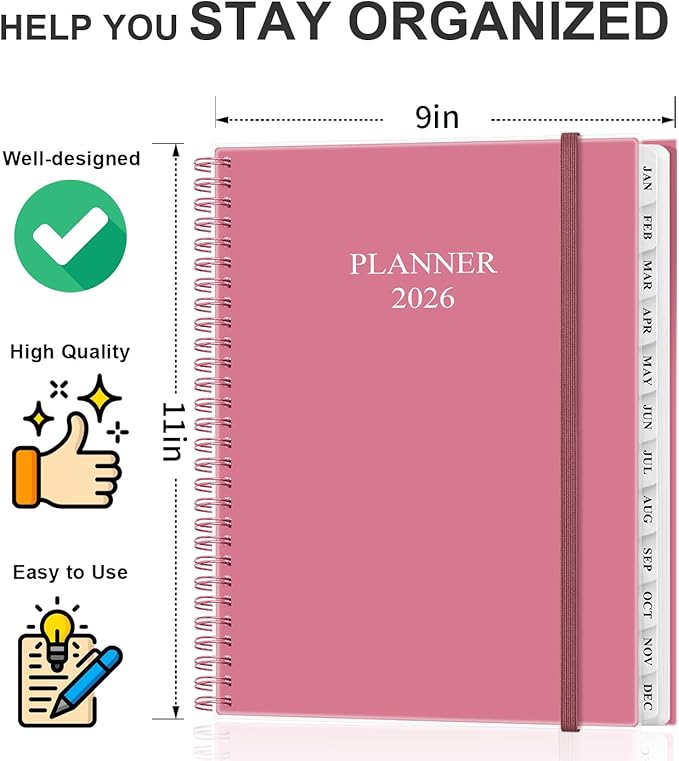 Planner 2026 - Weekly & Monthly Planner from January 2026 to December 2026, Agenda 2026 with Inner Pocket, Elastic Band, 8.5" x 11", Pink