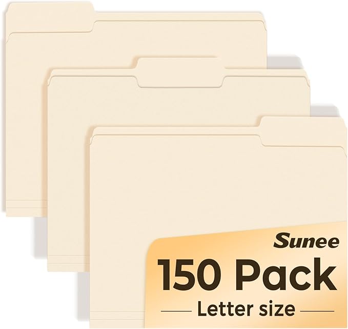 SUNEE File Folders, 150 Pack Manilla Folders 8.5 x 11, 1/3 Cut Tab for Easy Labeling and Organization, Durable Standard Paper for Home, Office, School Filing