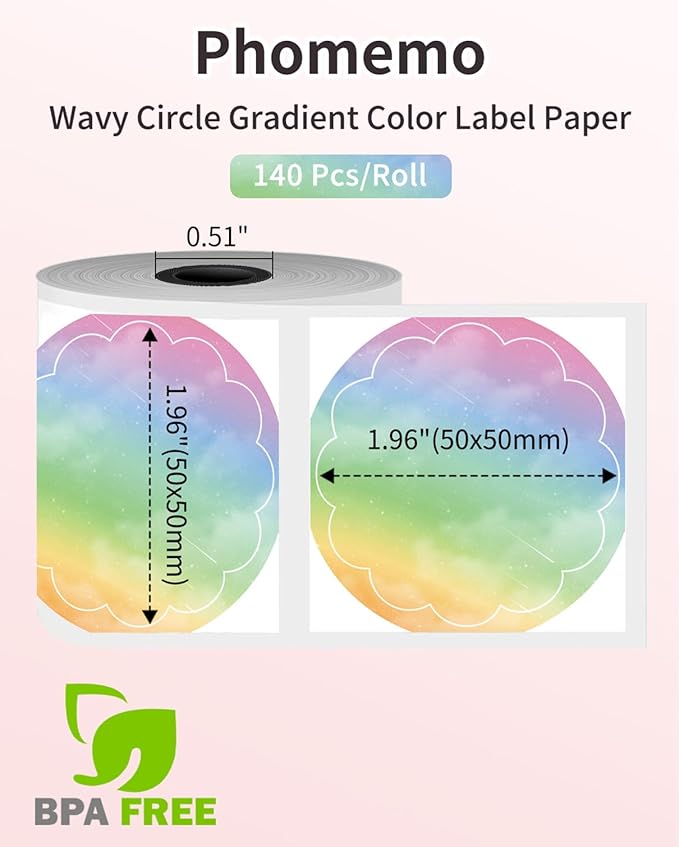 Phomemo Wavy Circle Thermal Label, Gradient Rainbow Purple Sticker Label for M110/M100/M220/M250/M108 Label Makers, 1.96" x 1.96" (50x50 mm), for Barcode/Address/Mailing/Logo/Business/Home