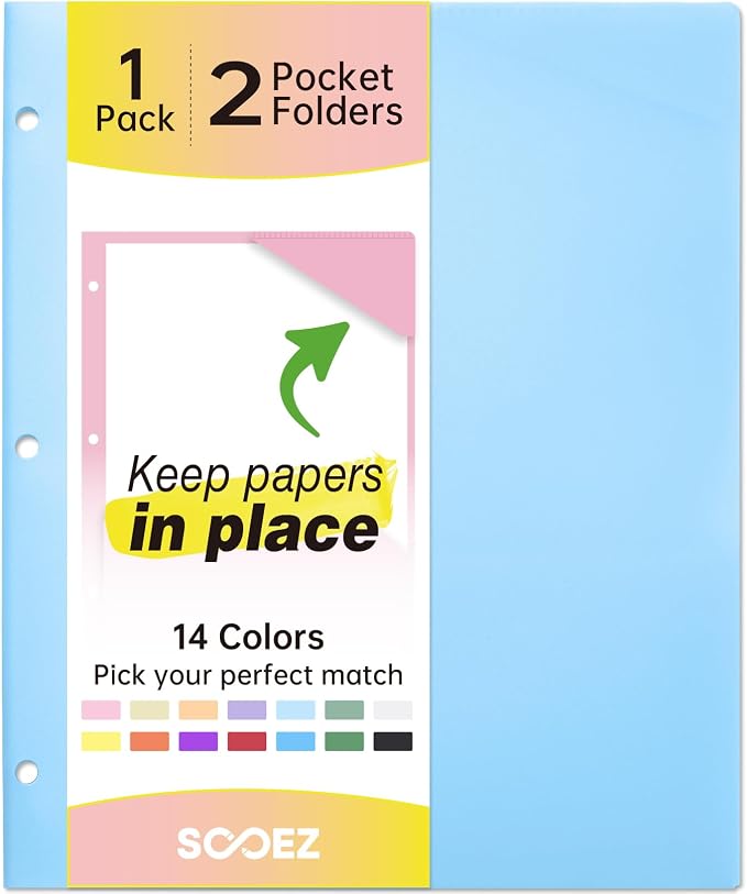 Sooez 2-Pocket Folders, Plastic Folders with Pockets 3 Hole Punched, 1 Pack Pockets Folder for 3 Ring Binder with Labels, Heavy Duty Binder Folder for Document, Letter Size File Folder,Smoky Blue