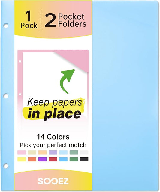 Sooez 2-Pocket Folders, Plastic Folders with Pockets 3 Hole Punched, 1 Pack Pockets Folder for 3 Ring Binder with Labels, Heavy Duty Binder Folder for Document, Letter Size File Folder,Smoky Blue