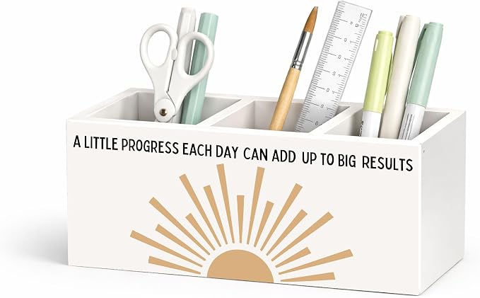 A Little Progress Each Day Desk Organizer, 3 Compartment Wooden Pencil Holder, Cute Motivational Desk Storage Box for Pens, Pencils, Scissors, Ruler, Office Supplies, Home, Classroom