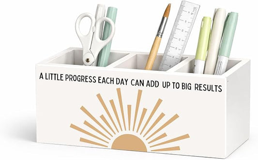 A Little Progress Each Day Desk Organizer, 3 Compartment Wooden Pencil Holder, Cute Motivational Desk Storage Box for Pens, Pencils, Scissors, Ruler, Office Supplies, Home, Classroom