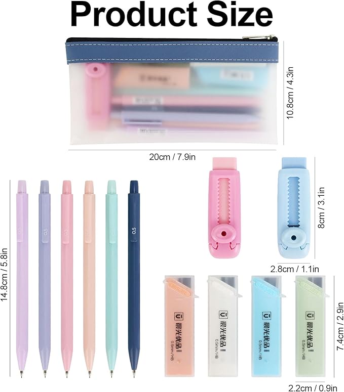 Mechanical Pencil Set - 6PCS 0.5mm Cute Pastel Mechanical Pencils, 2Push-Pull Retractable Eraser with 80PCS HB 0.5 Lead Refill and Clear Zipper bag Pencil Kit for Art, Drawing Pencils for Sketching