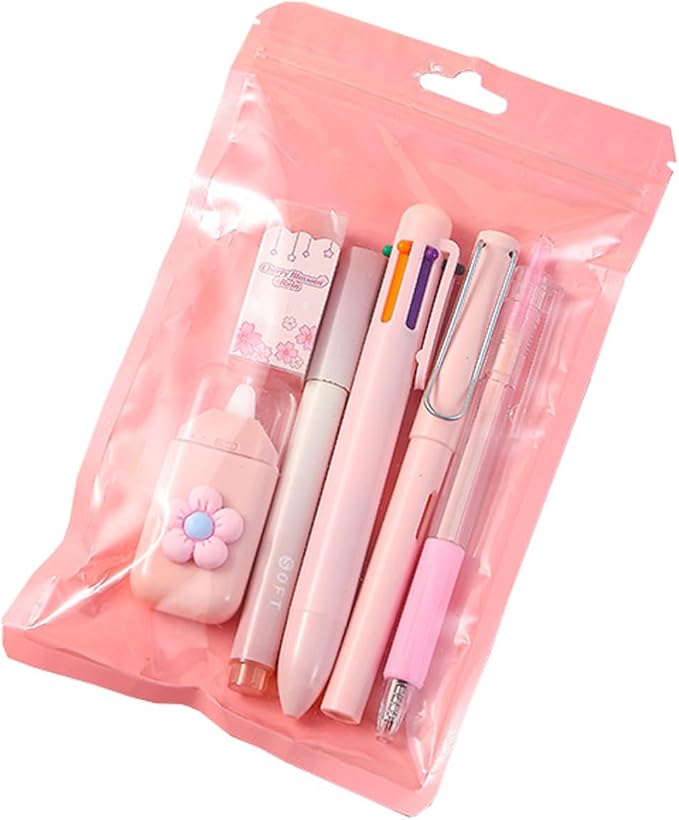 6Pcs Stationeries Set with Retractable Gel Pen Multicolored Pen Eraser Pencil Marker White Out Correction Tape Supplies
