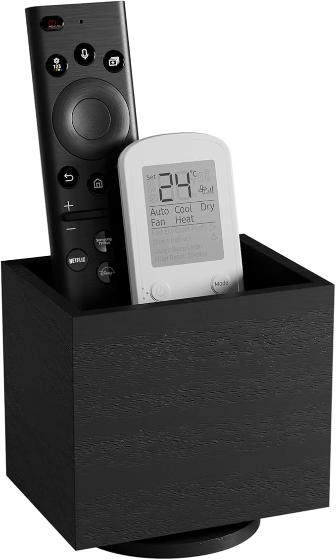360° Rotating Remote Control Holder, Wooden TV Remote Holder for Table, Desk Organizer Caddy Media Storage Box Ideal for Living Room, Bedroom, Office Desk (Black)