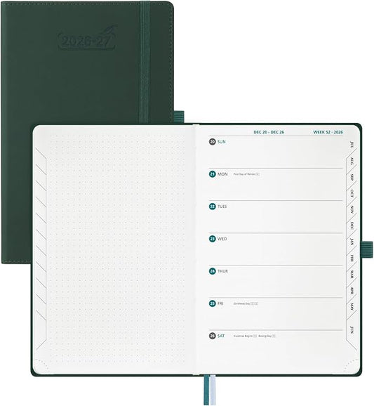 BEZEND Weekly Planner 2026 2027 Dot‑Grid Journal in One (5.5" x 8.5") 12 Month Academic Calendar with Tabs (Jul.26-Jun.27) for Student/School, 100gsm Thick Paper, PU Leather Hardcover - Forest Green