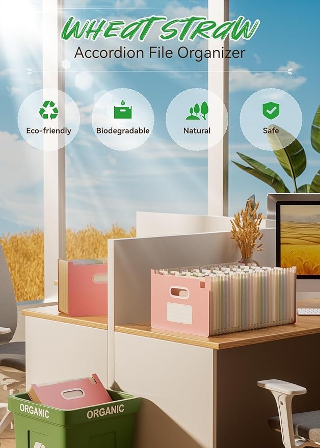 EcoStash 26 Pockets Accordion File Organizer, Wheat Straw File Folders, Upright&Open Top, A-Z Bill Receipt Organizer, 100% BPA Free, Return to Nature, Healthy Living, Letter/A4 Size - 2 Packs