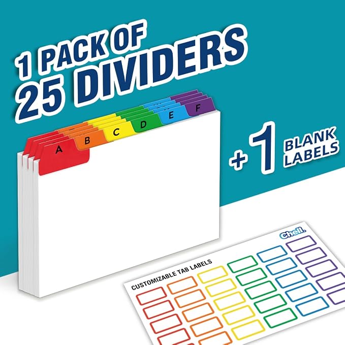Chell 4x6 Index Card Dividers, Heavyweight A-Z Tabbed Guides, 110 lb. Cover Weight, with Blank Stickers, 1 Set