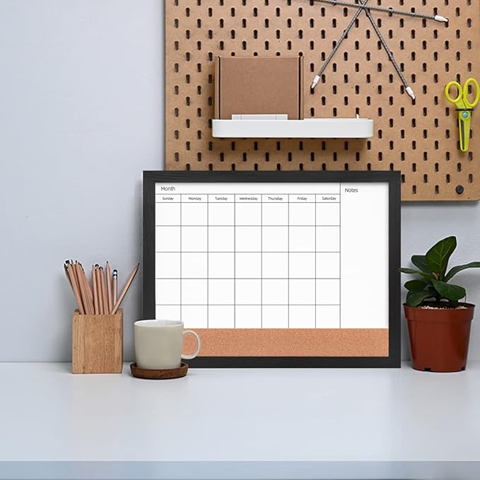 Monthly Calendar Dry Erase White Board & Cork Bulletin Board，13" x 17" Black Wood Frame，Magnetic Surface Whiteboard.Perfect for Organizing Your Space.Whiteboard+Cork-3343B-BK
