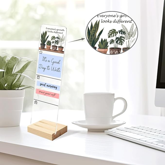 Sticky Notes Monitor Memo Board Acrylic Holder with Removable Wooden Base, Growth Looks Different for Everyone Logo Desk Set with 200 Sheets Two Sizes Sticky Notes, Office Desk Accessories Organizer