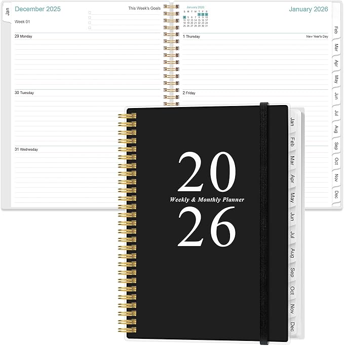 2026 Planner - Planner 2026 from January 2026 to December 2026 with 12 Monthly Tabs, Flexible Cover, Inner Pocket, 8.5" x 11", Black