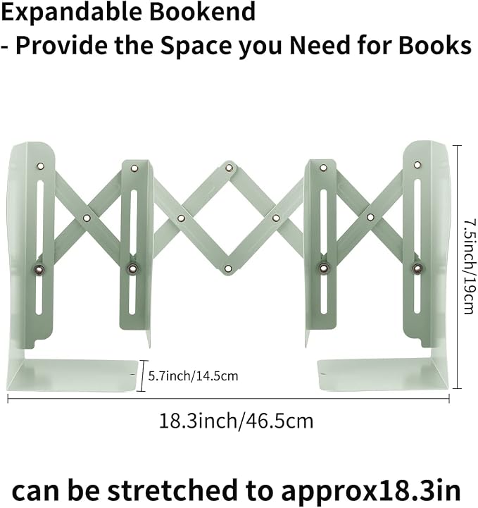 MSDADA Adjustable Bookends, Book Ends for Heavy Books, Expandable Book Organizer for Desk, Shelf, Office, School, for 6 7 8 9 10 11-15 Boys and Girls, Extends up to 19 inches (Macaron Green)
