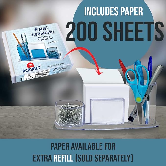 Acrimet Millennium Desk Organizer Cup Caddy – Plastic Desktop Holder for Pen, Pencil, Clips, Desk Accessories & Memo Paper – Includes 200 Sheets of Memo Paper (Clear Crystal Color)