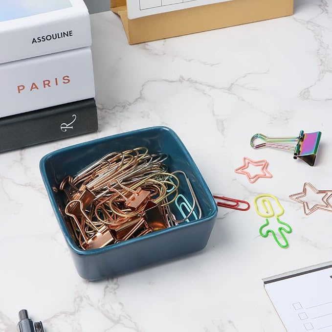 AxeWoodz Navy Blue Paper Clips Holder 2pcs Ceramic Square and Round Paper Clip Dispenser Set Office School Home Paperclips Organizers for Daily Desktop Storage