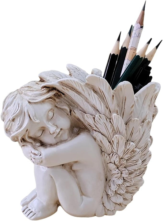 Angel Figurine Pen Holder - Cute Desk Organizer & Decorative Pencil Cup, Unique Office Desk Accessories for Women Gift(White Resin)